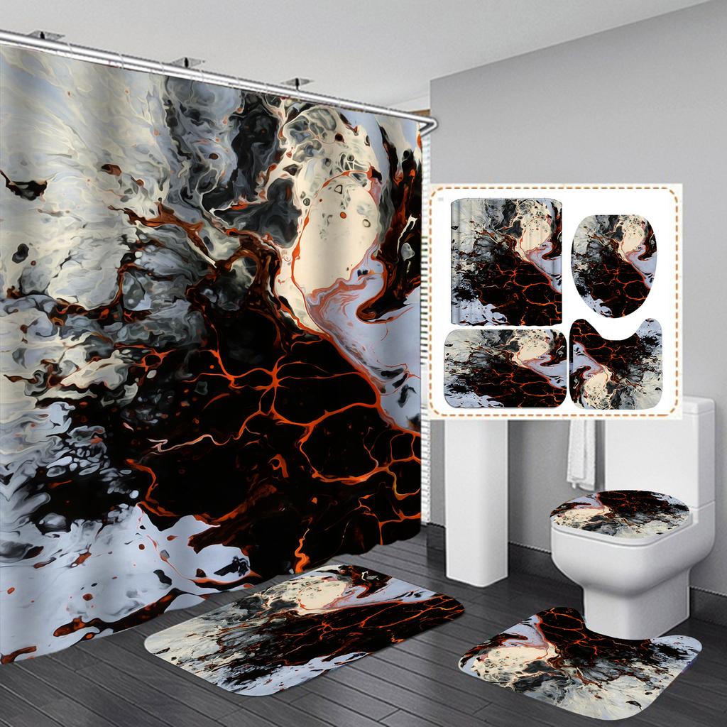 4Pcs Luxury Marble Shower Curtain Sets Bathroom Decor Sets with 12 Hooks Bath Mat Toilet Lid Rug and Non-Slip U Shape Mat