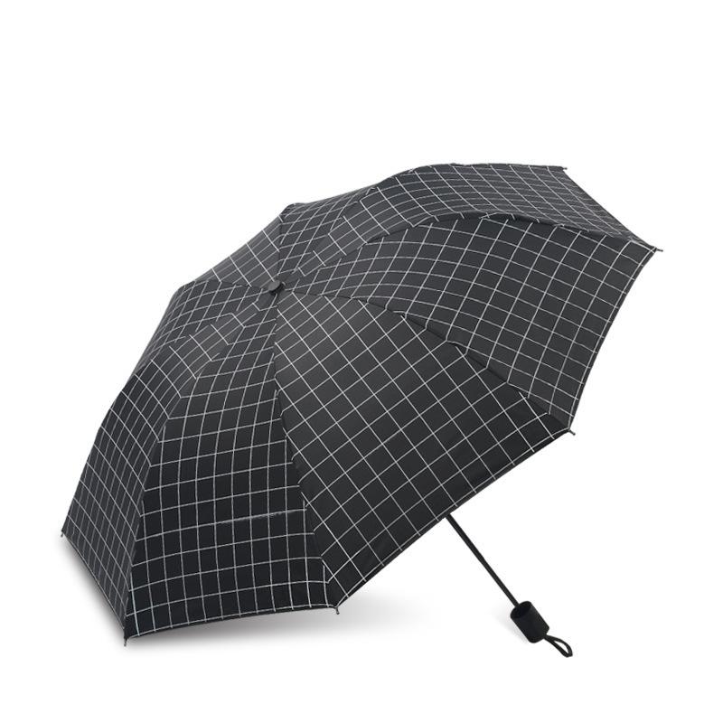 Grid Ain & Sun Umbrella Black Coating Parasol Anti 3 Folding Wind Resistant Big Windproof Women Men 8Ribs