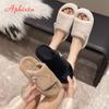Fashion Aphixta Luxury Pearl Plush Furry Slipper Black Concise Women Indoor Bedroom Slippers Flat Heel Hair Slippers Round Toe Footwear