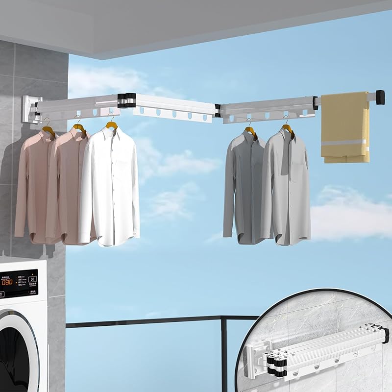 Wall Mounted Space Saving 360° Folding Clothes Drying Rack, Retractable Collapsible Windproof Hanging Hole Laundry Rack, Suitable for Balcony,