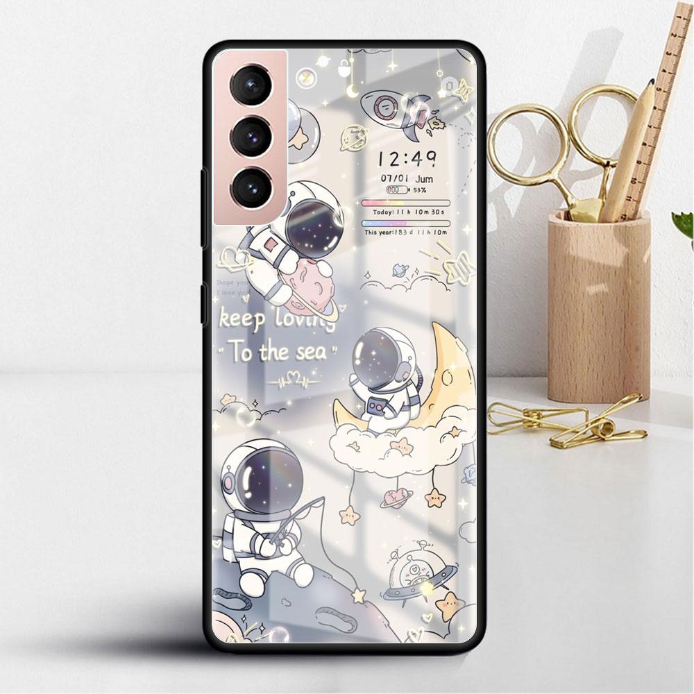 Стеклянный чехол для Samsung Galaxy S22 S20 FE S21 5G S10 S9 Plus Note 10 20 Lite, закаленный чехол для телефона с изображением космонавта и мультфильма