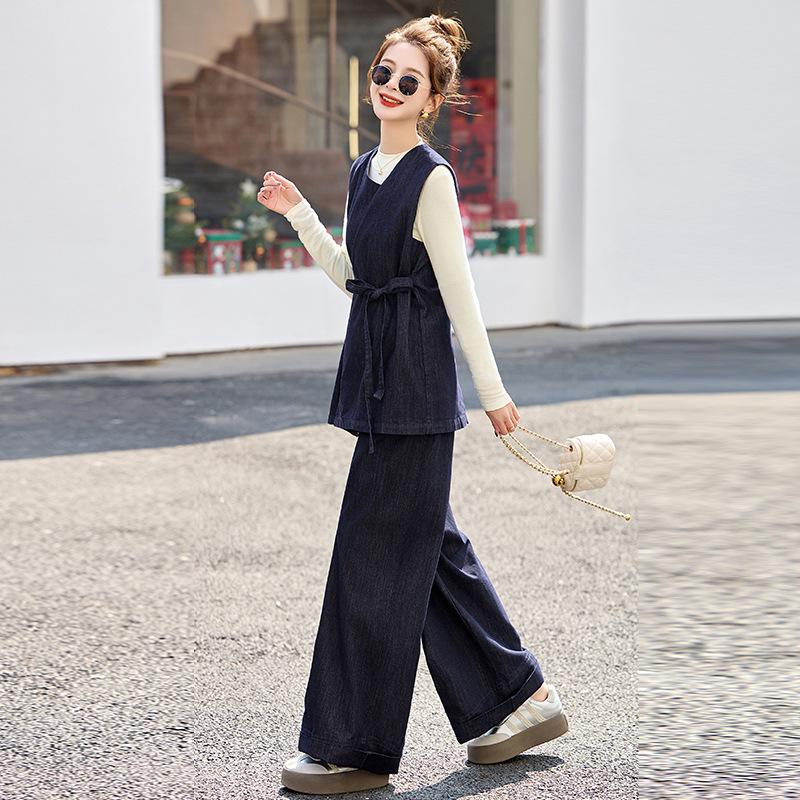 Spring 2025 Fashionable Three-Piece Set: Stylish Base Shirt, Denim Vest, & Long Pants