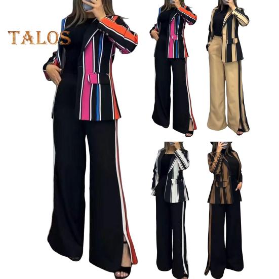 2 шт./комплект женский деловой пиджак брюки комплект с длинными рукавами цветной полосатый кардиган с лацканами средней длины пиджак расклешенные брюки с высокой талией формальные