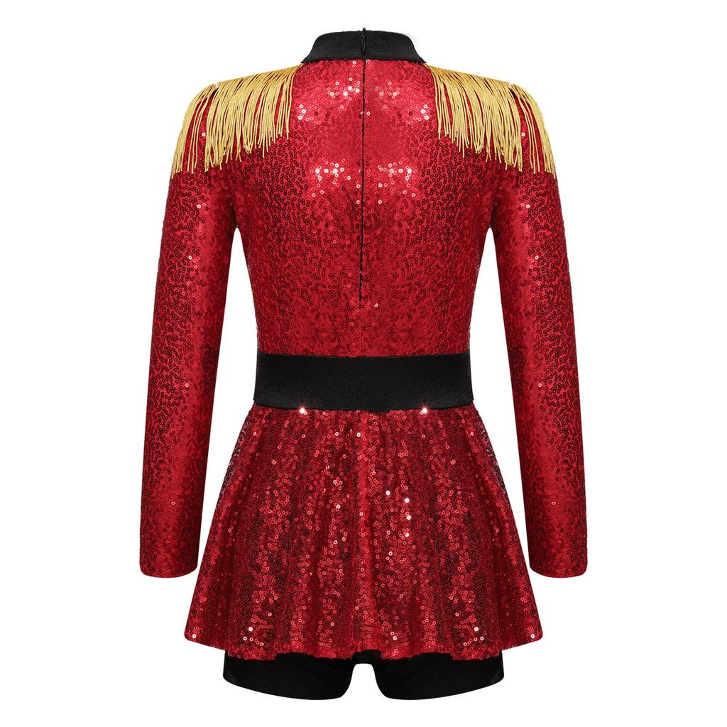 Girls Ringmaster Circus Costume Long Sleeve Tassel Epaulet Shiny Sequins Design Jumpsuit Dress