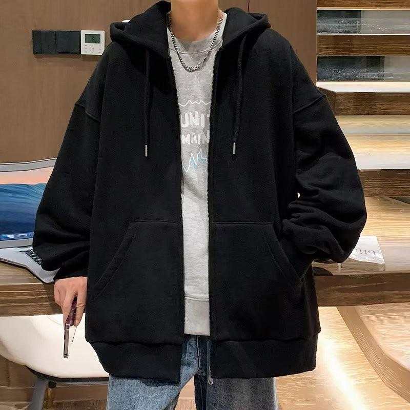 Мужской кардиган с капюшоном на молнии в корейском стиле — модная однотонная толстовка свободного кроя для осени и зимы