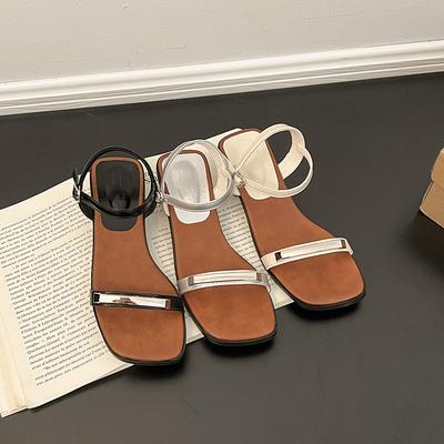 Модные босоножки с открытым носком и квадратным каблуком женские 2025 лето новая металлическая фурнитура повседневные средний каблук рабочая обувь