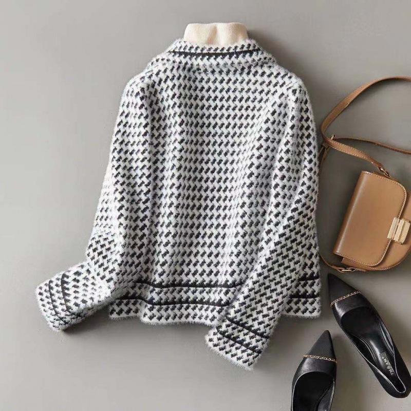 Jackets Women's Autumn Winter Small Fragrance Short Coat Female Style Vintage Houndstooth Knitted Cardigan Outwear Tops