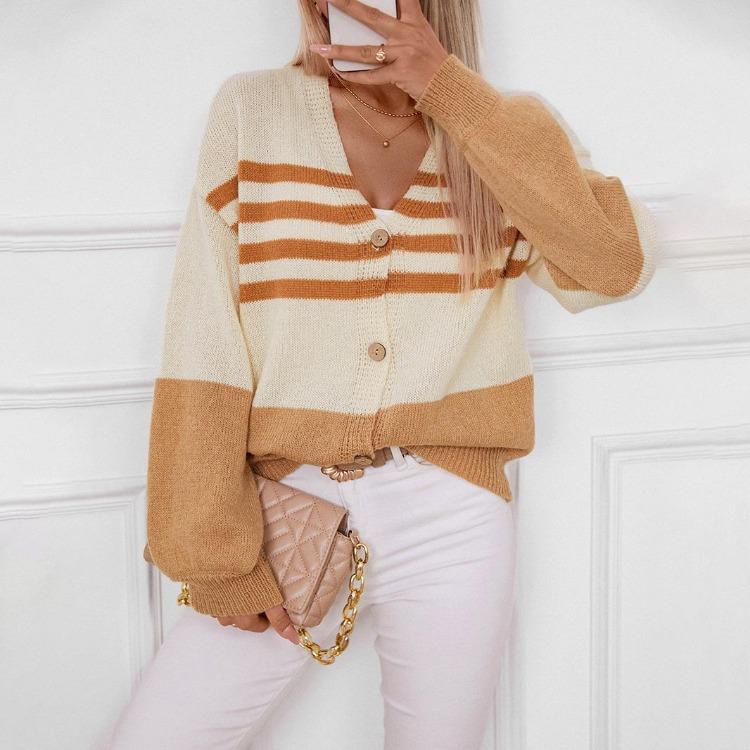 Vintage Stripe Cardigan Sweater Loose Knitwear Long Sleeve V-Neck Top Autumn Winter