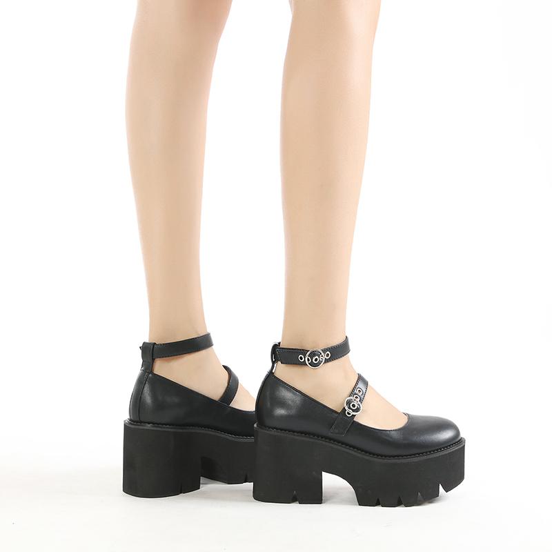 Round Toe Chunky Goth Platform Women Shoes Trendy Ankle Strap Mary Janes Pumps Suare Heels Lolita Style College Student