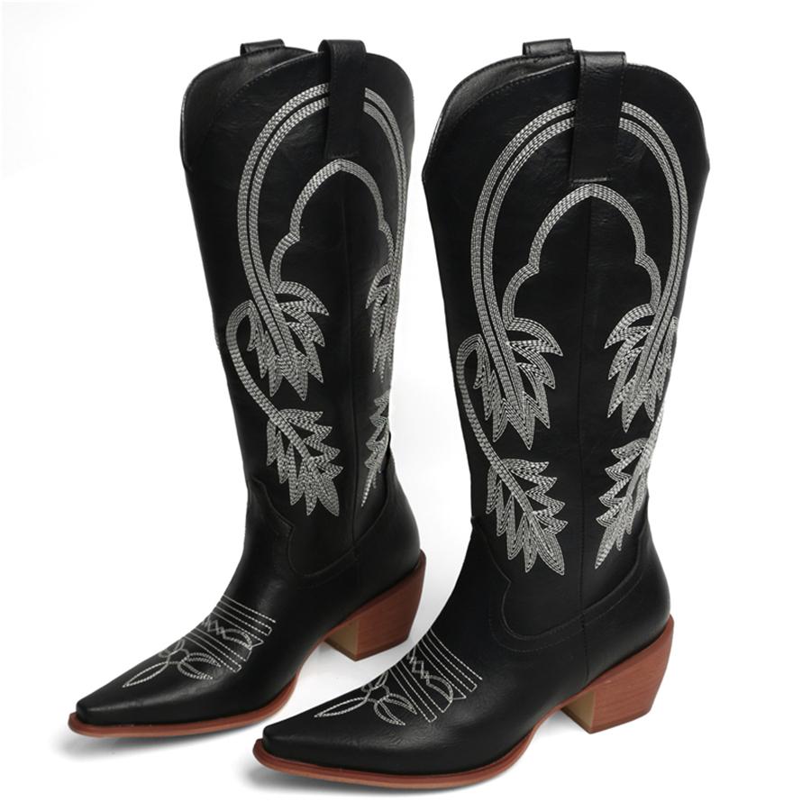 FOREADA Женские ковбойские сапоги до колена, с острым носком, на массивном высоком каблуке, с вышивкой, в стиле вестерн, сапоги гого, женская модная обувь, зима, красные