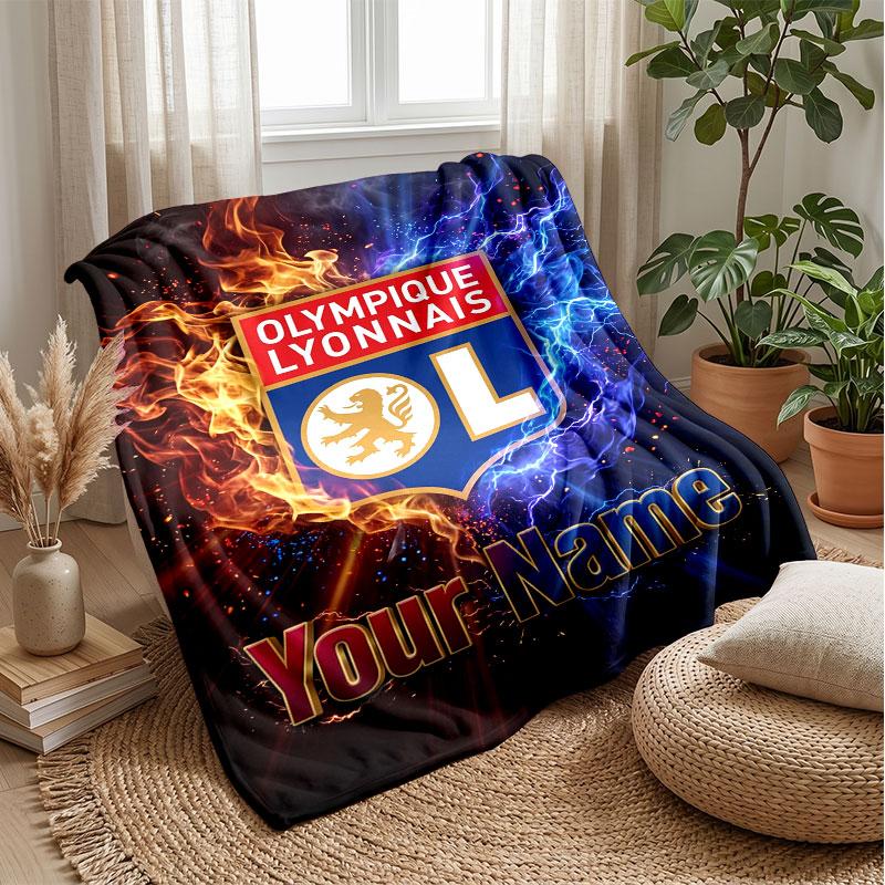 Lyon FC Custom Name Text Flannel Blanket Soccer Logo Personalized Fleece Throw Blanket Special Gift For Sofa Bedroom Home