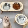 Cat And Dog Feeding Bowls Anti-Tip Bowls Stainless Steel Pet Bowls With Wooden Supports Neck Protection Design 2 In 1 Water Bowl