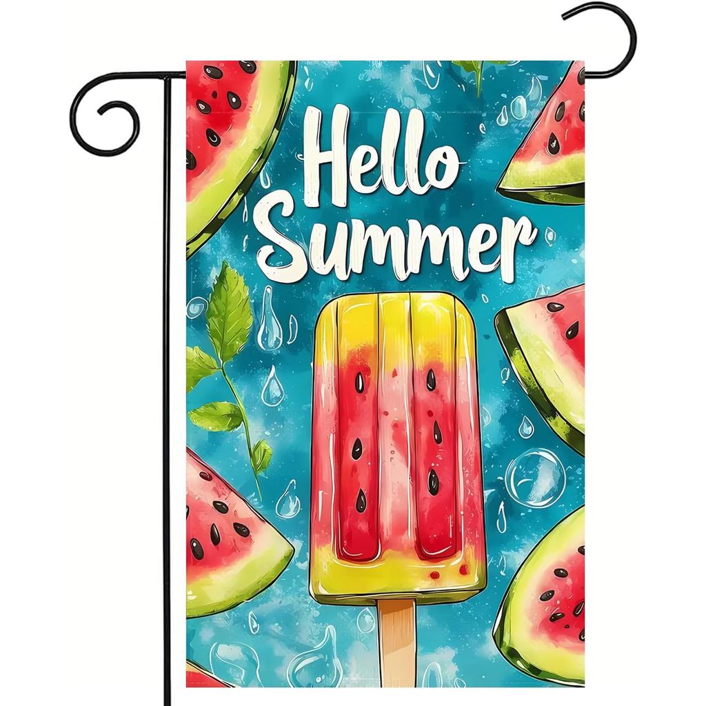 Summer Garden Flag Popsicles Double Sided Watermelon Garden Flag for Outside - Vibrant Yellow & Blue Design with Watermelon Slice Illustration, Durab