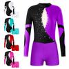 Kids Girls 2Pcs Gymnastics Dance Outfits Long Sleeve Leotards with Shorts Athletic Biketards Unitards