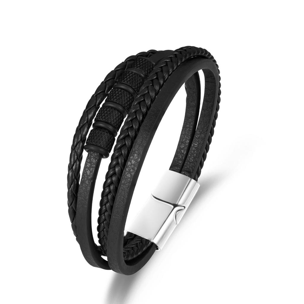 Multi-Layer Braided PU Leather Bracelet Alloy Beads Men's Hip Hop Cuff Trendy Black Adjustable