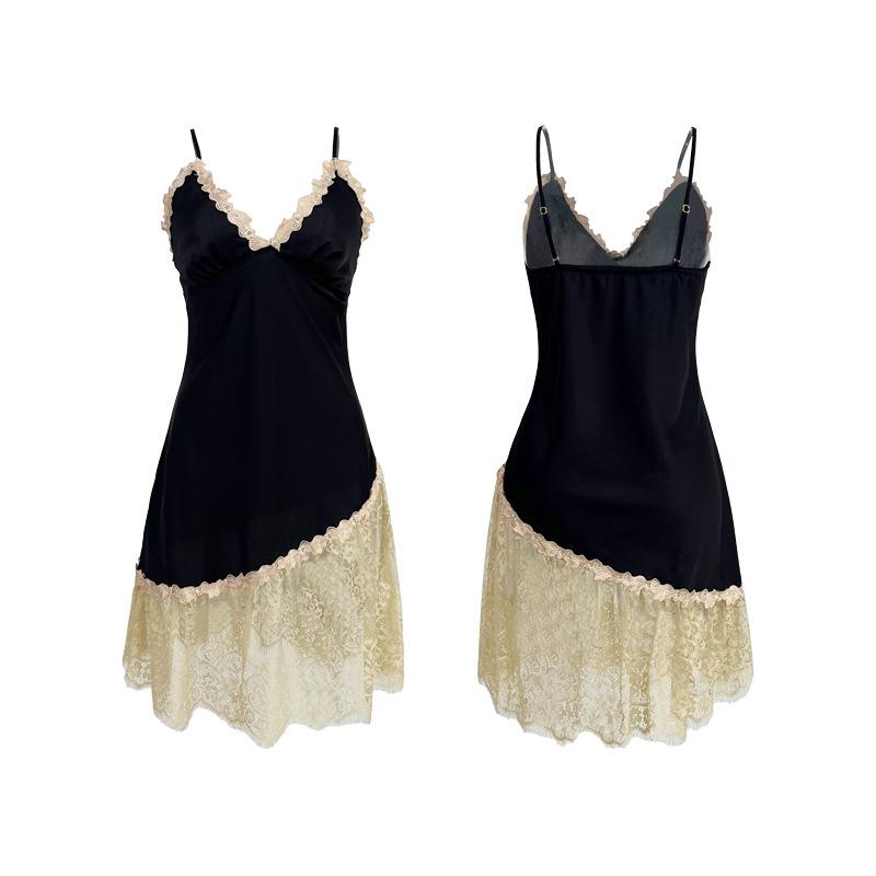 Шелковый кружевной пэчворк пеньюар-майка Глубокий V-образный вырез Сексуальный приталенный Удобный Женская одежда для дома 418 Роскошная льстящая фигуре одежда для сна с шелковистой текстурой