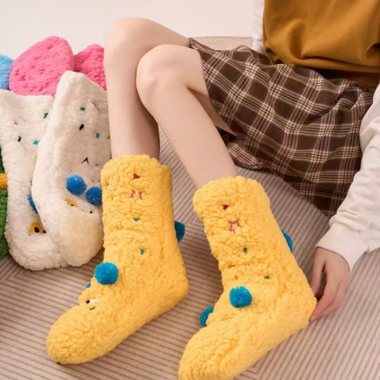 1 Pair Women Socks Cartoon Pattern Thickened Warm Knitting Socks Non-Slip Plush Pilling Resistant Floor Socks