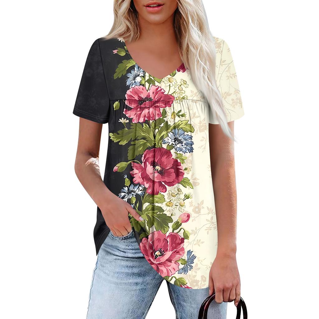 Women's Casual V-Neck Short Sleeve Chest Ruffle Printed Top
