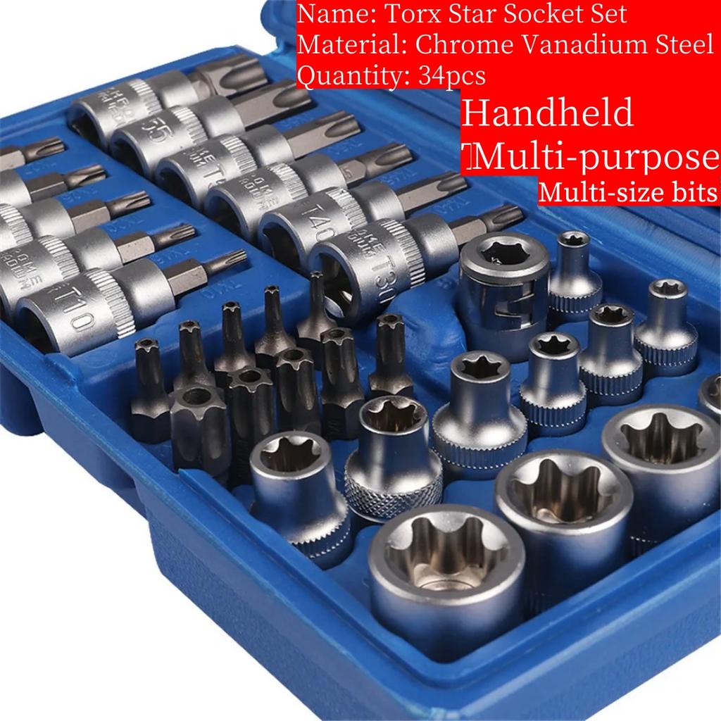New 34pcs Bit Socket and E-Torx Star Socket Set 1/4" 3/8" Drive Male Female E-torx Security Bits Handheld Tool Auto Repair Tool
