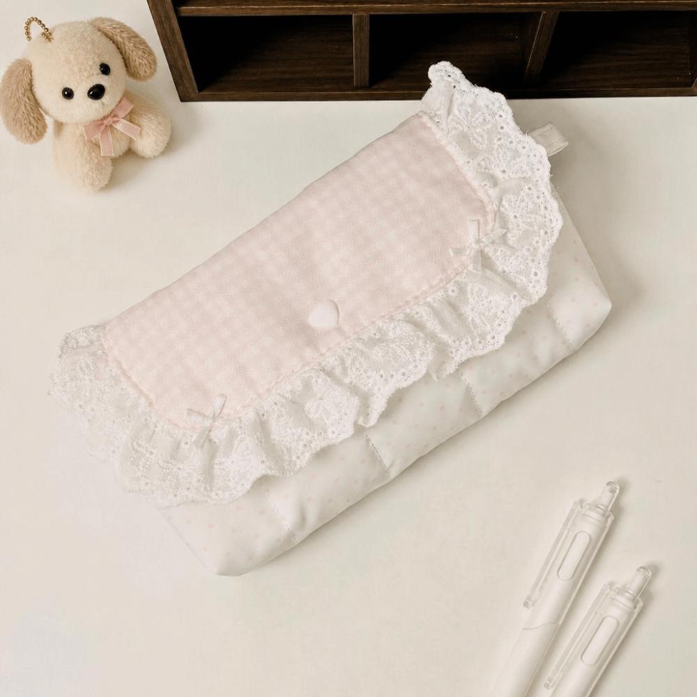 Pink Lace Pencil Case Polka Dot Design Stationery Bag Stationery Organizer School Supplies