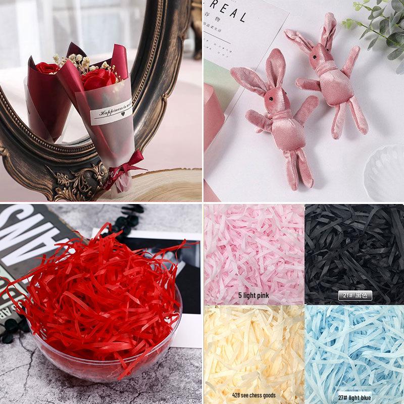 Decorative Gift Box Set: Red, Black, Pink & Blue Raffia with String Lights, Rabbit, Small Bouquet