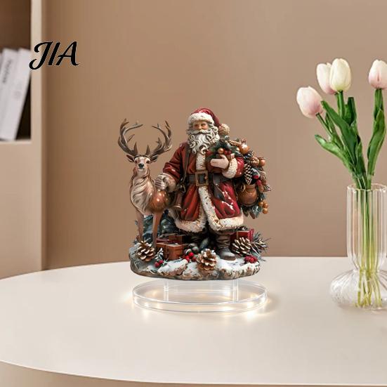 Cute Santa Claus Xmas Decorations Christmas Reindeer Tabletop Ornament, 2D Acrylic Festive Home Office Desk Decor for Fireplace Living Room
