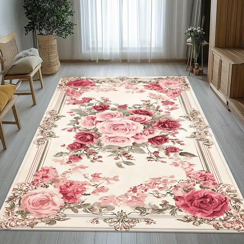 Realistic Floral Pink Rose Carpet Non Slip Mat for Kitchen Living Room Entrance Bedroom Office Floor Rug Soft Home Decor Gift