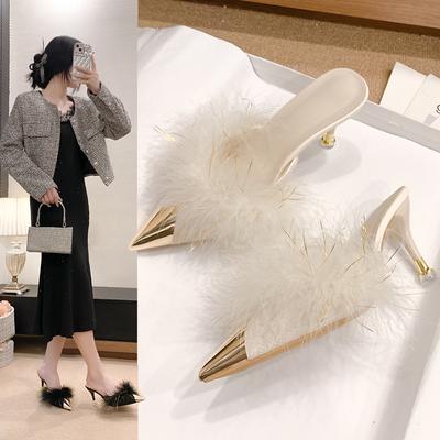 Мода 2024 НОВЫЙ Летний Женский Туфли-лодочки Перья Каблуки Мода Простые Ветровые Мюли Шлепанцы Женские Слайды Каблуки-стилет Обувь для Женщин Каблуки