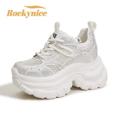 9СМ Воздушная сетка Микрофибра Синтетическая кожа Летняя обувь Дышащая Высокая платформа Новые женские Массивные кроссовки Вулканизированные Блестящие туфли