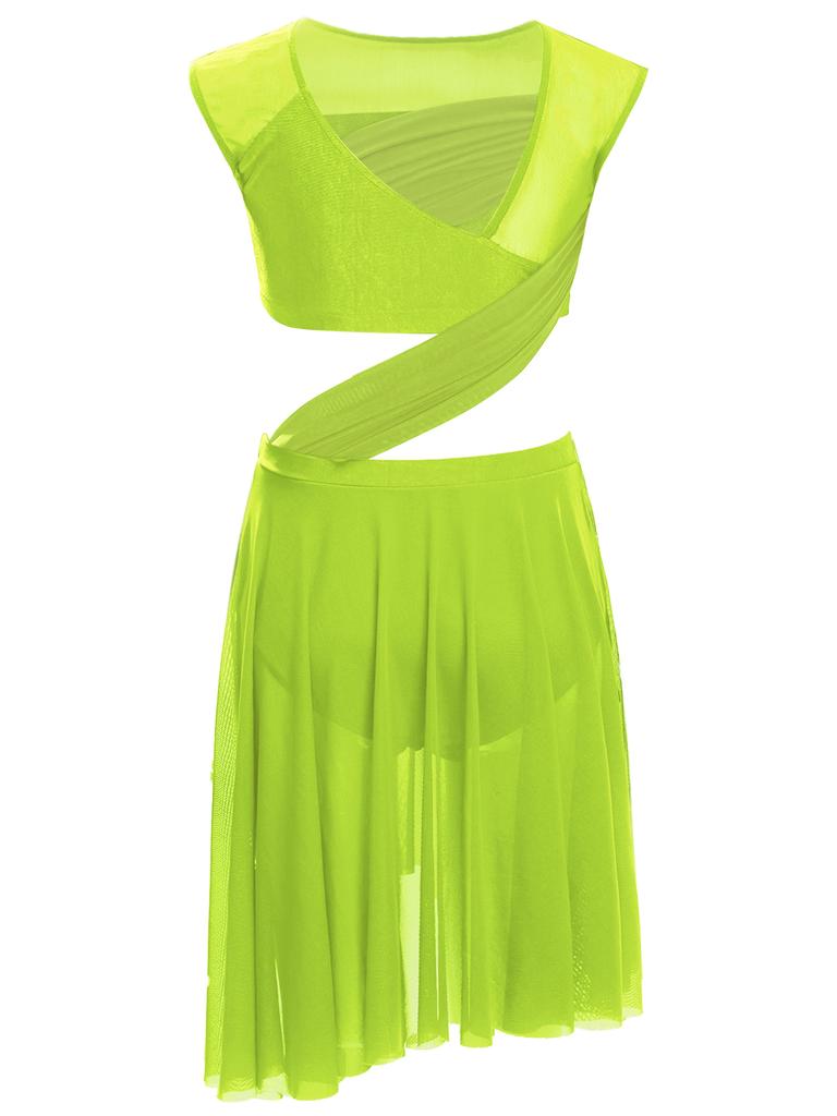 Платье для лирического танца для девочек, цельное, без рукавов, с прозрачной сетчатой вставкой, лоскутное, с асимметричным подолом, костюм для выступления