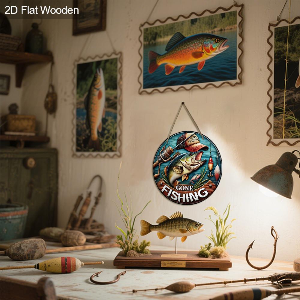 JIT 1pc 2D Flat Classic Fishing Sign Round Wooden Decorative Plaque & Statues, Summer Decor, Suitable for Home, Beach House, Garage, Man Cave - Ideal