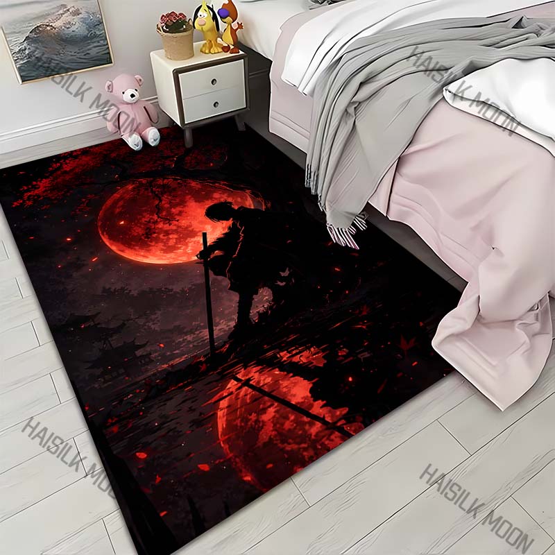 Blood moon samurai silhouette lakeside Print Carpet for Living Room Bedroom Sofa Home Decor Rus Non-slip Floor Mat Luxury Gift