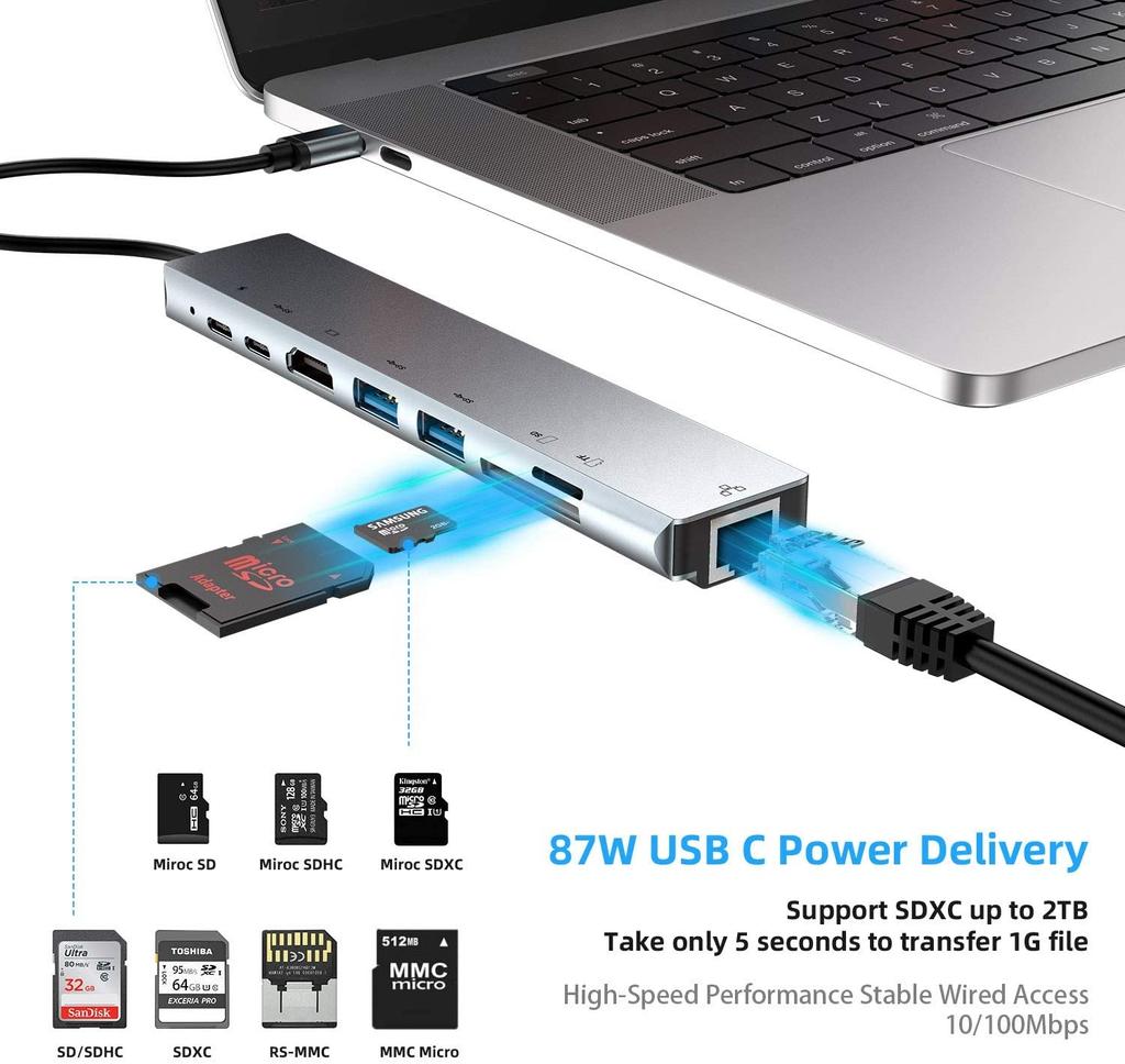 8 in 1 USB Type C To RJ45 Ethernet Adapter Hub with 4K HDMI,TF/ SD Card Reader, USB-C, PD Charging, 2 USB-A for MacBook and More
