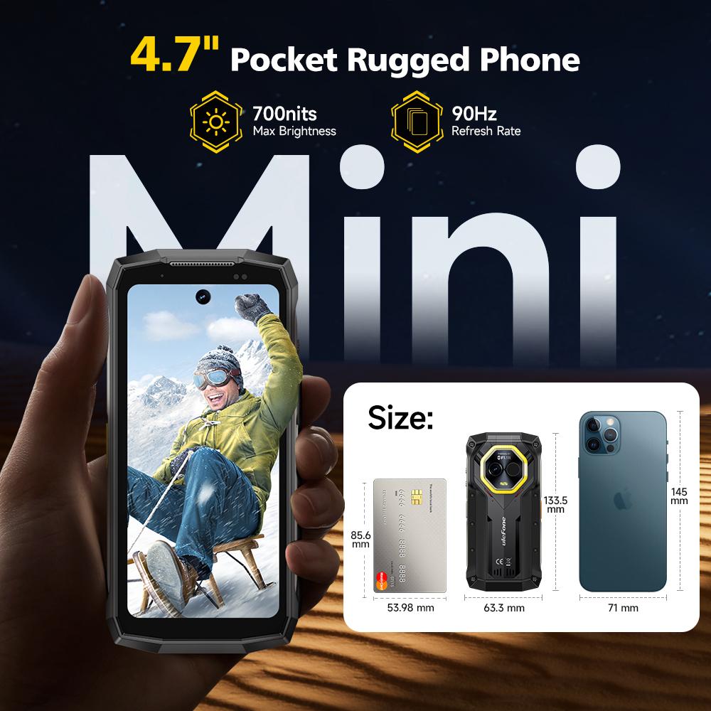 Ulefone Armor Mini 20T Pro 5G Тепловизор 4,7-дюймовый Дисплей Защищенный Телефон Android 15 6200 мАч Светодиодный Фонарь 16 ГБ+256 ГБ 33 Вт Смартфон