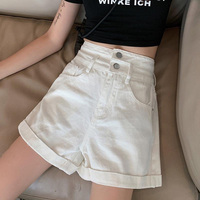 Классические и минималистичные модные универсальные женские летние шорты с высокой талией и двойной пряжкой, свободные, тонкие, широкие, с подворотом, A Word, супер джинсовые шорты, индивидуальность