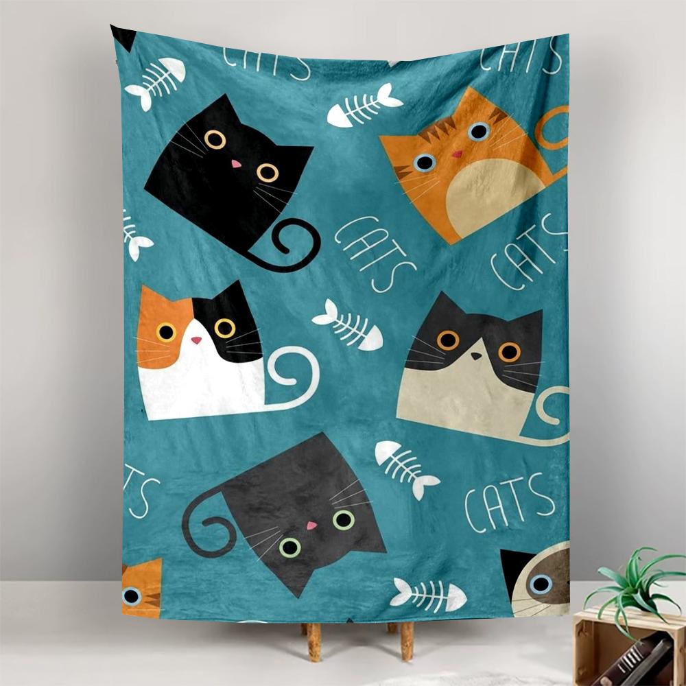 Colorful cute cat faces with fish bones illustration Patterned tapestry for bedroom and living room home decor sofas