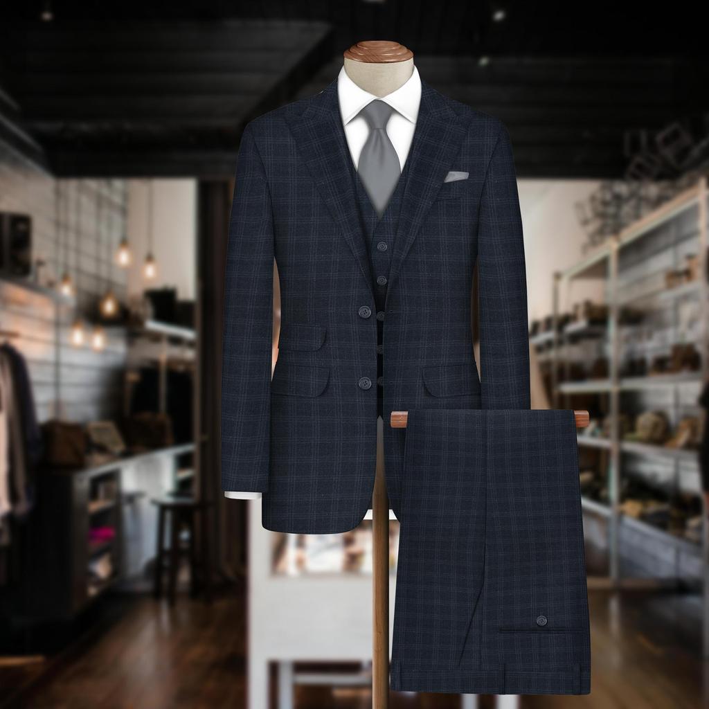 Unstitched Blue Plaid Three Piece Suit - 70% Viscose,30% Polyester