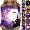 Women's Fashion Casual Long Sleeve Halloween Print Round Neck Pullover Top Blouse