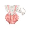 Infant Girls Layette, Pink Heart Pattern Fake Two Pieces Romper and Bow Knot Headdress