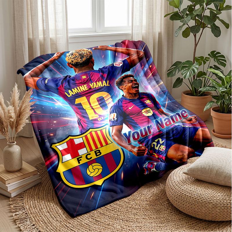 Lamine Yamal Custom Name Text Flannel Blanket Soccer Logo Personalized Fleece Throw Blanket Special Gift For Sofa Bedroom Home