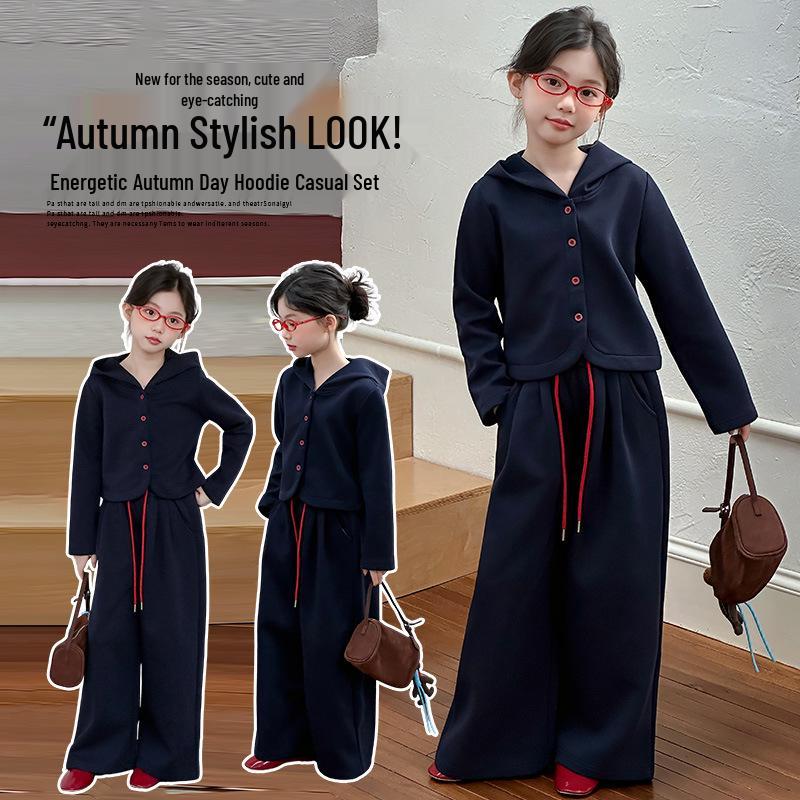 Big Girls' Navy Blue Autumn Fashion Set: Hooded Jacket & Casual Two-Piece Outfit (2025 Style)