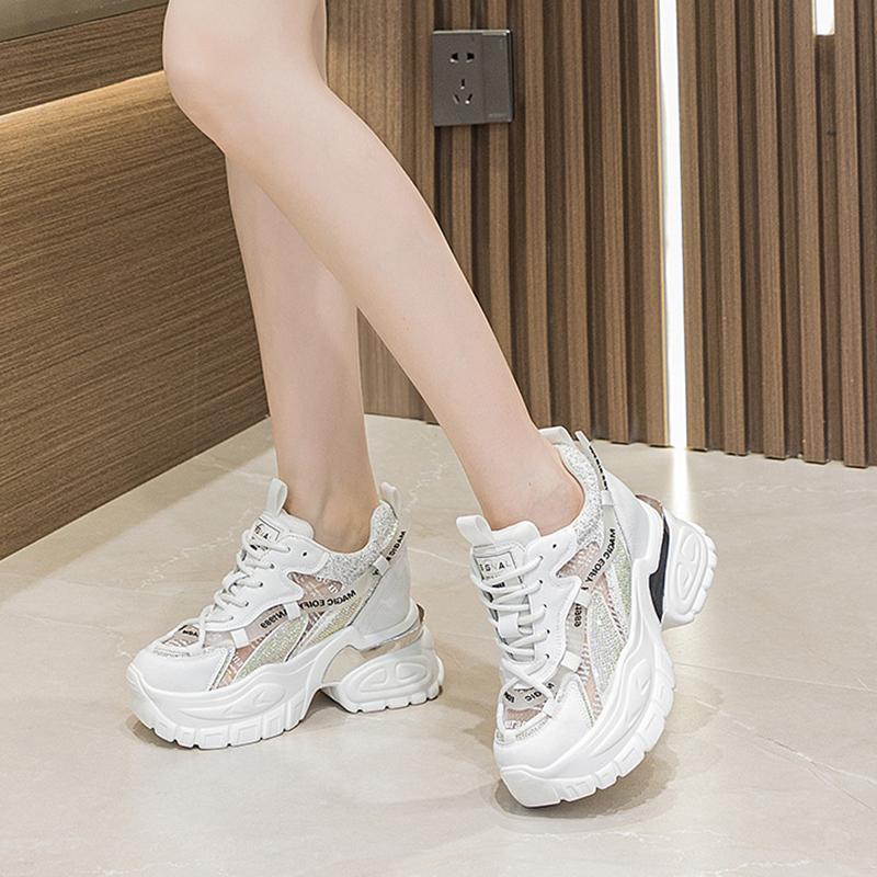 Летние дышащие сетчатые туфли на толстой подошве с увеличением высоты на 9 см, со стразами, для повседневной носки и занятий спортом, с увеличением высоты каблука, женская обувь