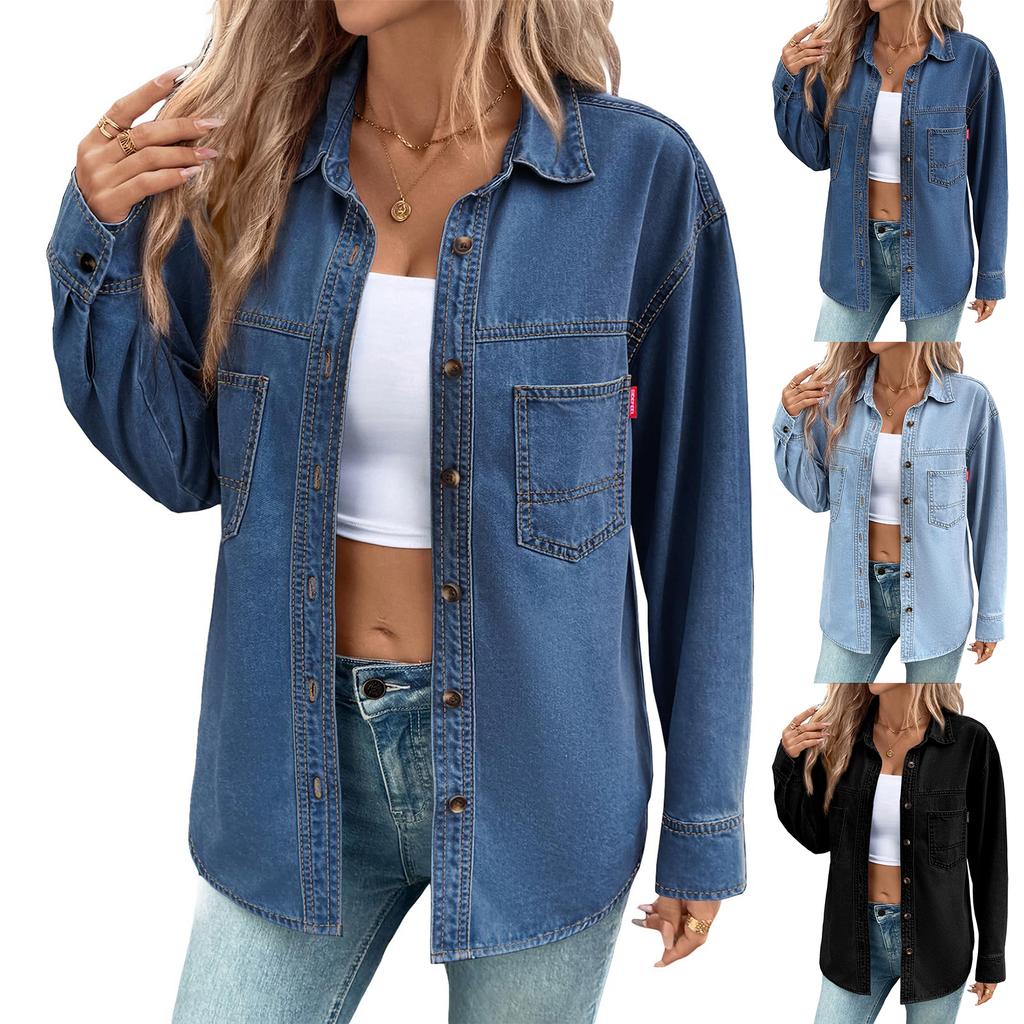 Women's Fashion Washed Vintage Denim Pocket Long Sleeve Shirt Tops Women
