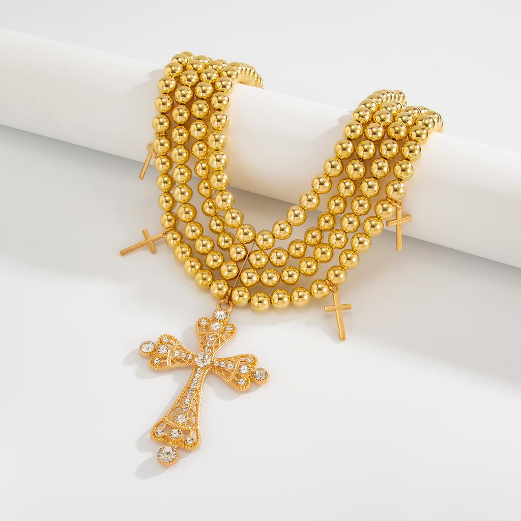 Интернет-знаменитость Ожерелье многослойное с крестом, инкрустированным бриллиантами, CCB круглые бусины, бисер, легкая роскошь, преувеличенное женское ожерелье