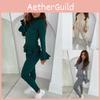 Stylish Women's Ladies Fine Ribbed Frill Peplum Button Loungewear Suit Tracksuit Set For Cozy Comfort
