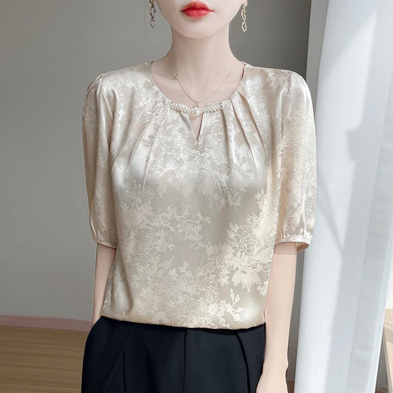 Summer New Style Chinese-style Round-neck Five-quarter Sleeve T-shirt for Women with Jacquard Pearl Base Shirt