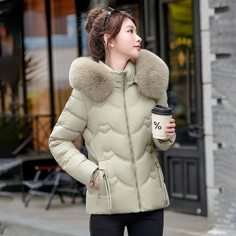 European and American Waist-hugging Cotton Jacket for Women, Short Winter Loose Thickened Large Fur Collar Coat