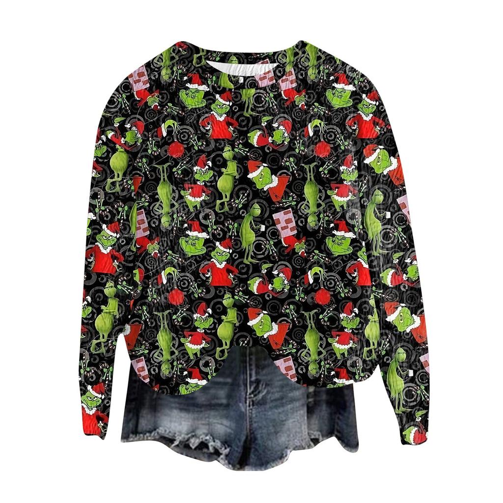 Women's Fashion Round Neck Pullover Top Long Sleeve Tee Christmas Printed Sweatshirt
