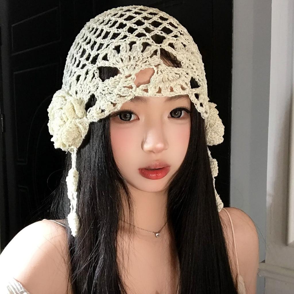 Spring And Summer Ethnic Style Thin Three-Dimensional Flower Bald Hat Women'S Hollow Crochet Hat Retro Literary Knitted Pullover Hat
