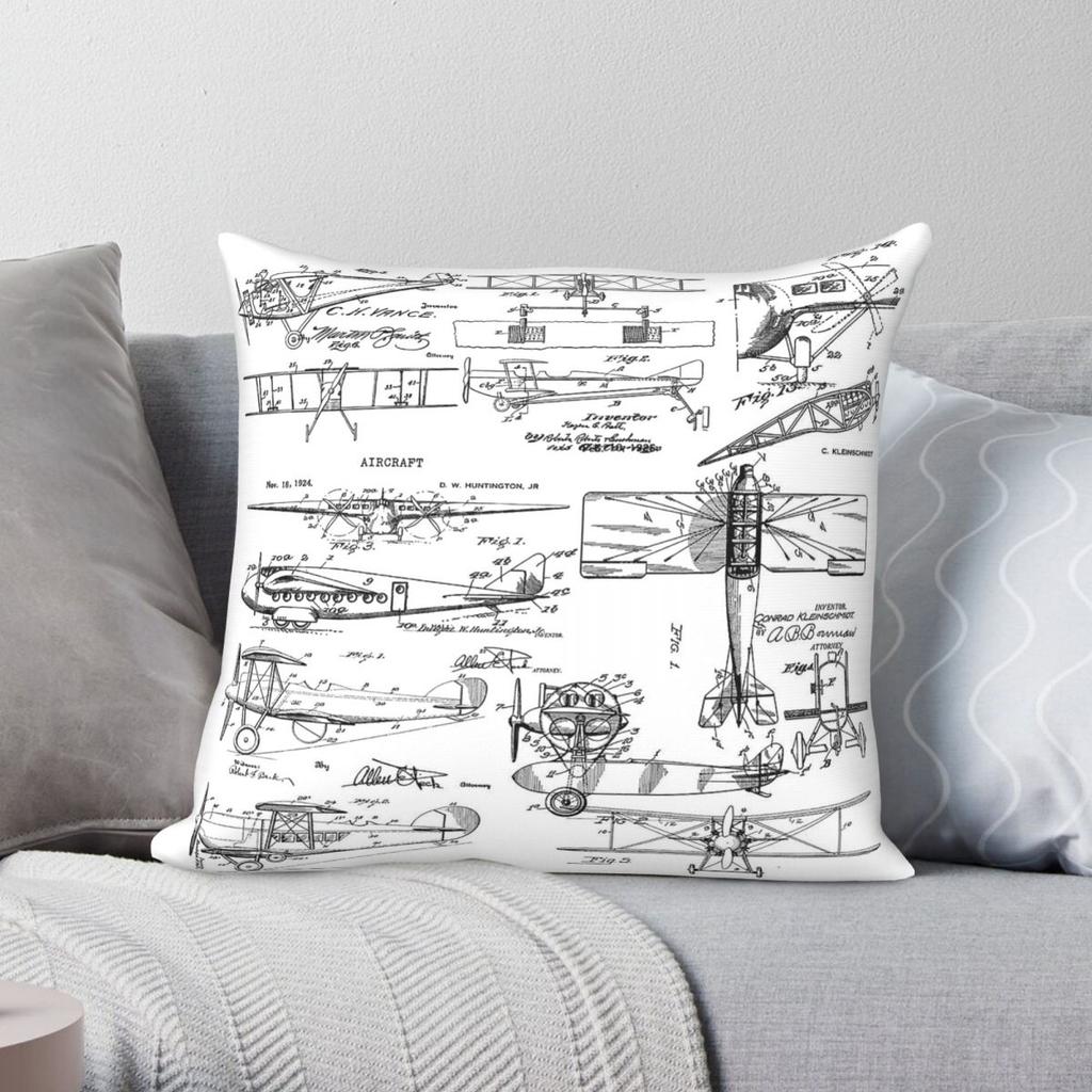 Aviation Biplane Blueprint Square Pillowcase Polyester Linen Velvet Pattern Zip Decorative Sofa Seater Cushion Cover